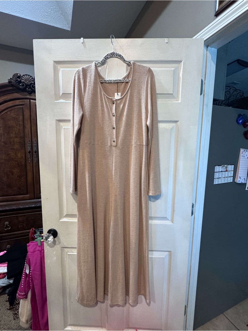 Women's Long Sleeve Beige Jumpsuit with Button Front